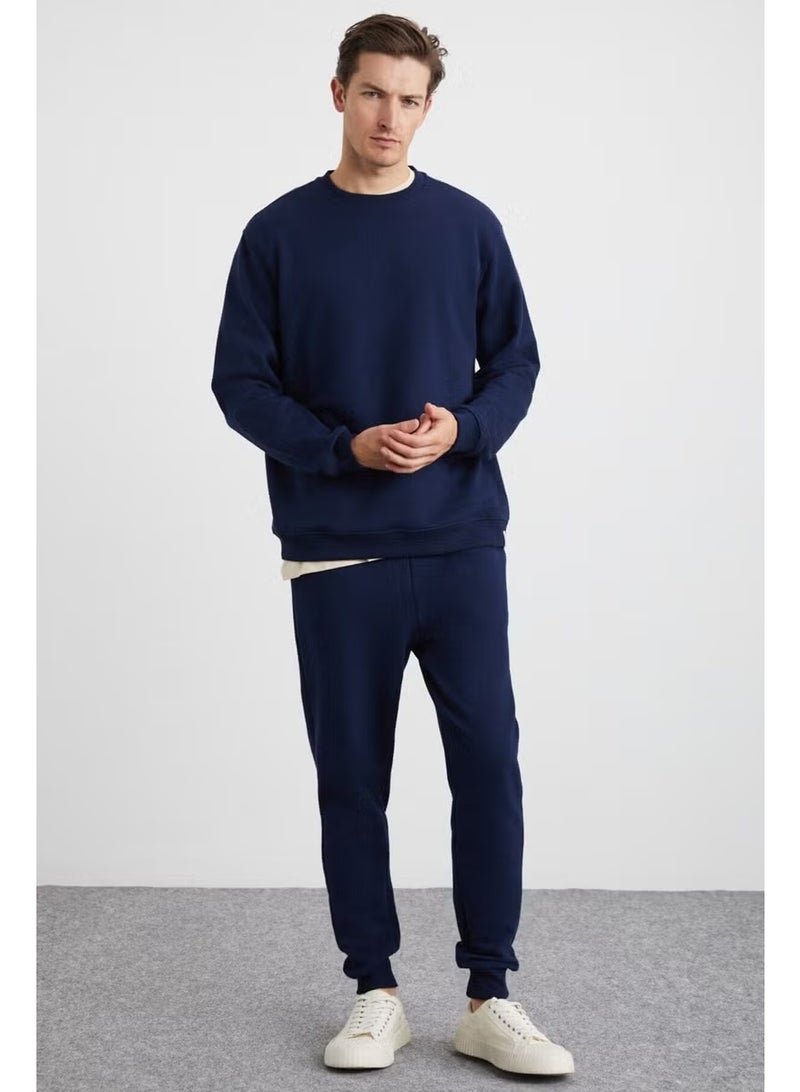 GRIMELANGE Adens Men's Regular Soft Premium Fabric 3 Yarn Ribbed Elastic Leg Navy Blue Sweatpants - Image 3